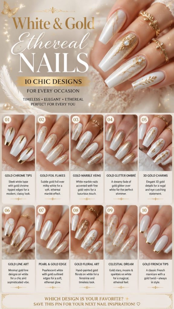 white and golden nails