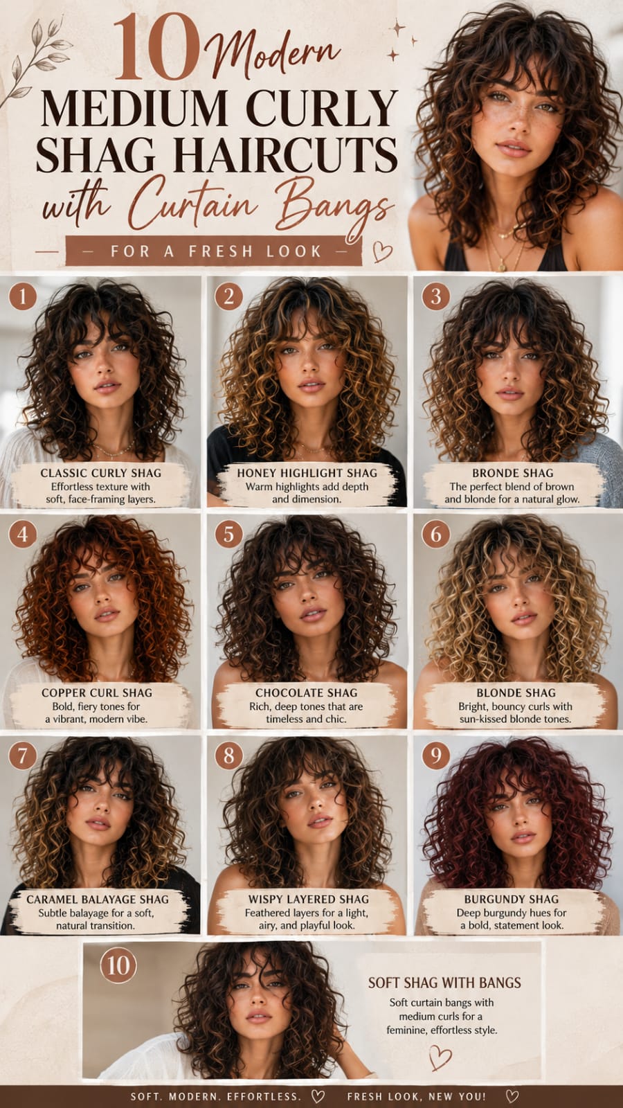 10 Medium Curly Shag Haircuts with Curtain Bangs for Fresh Look